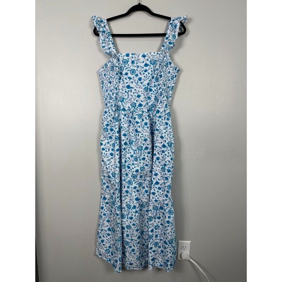 Draper James Dresses & Skirts - Draper James Blue Midi Smocked Dress Large Sleeveless Floral Square Neck Pockets